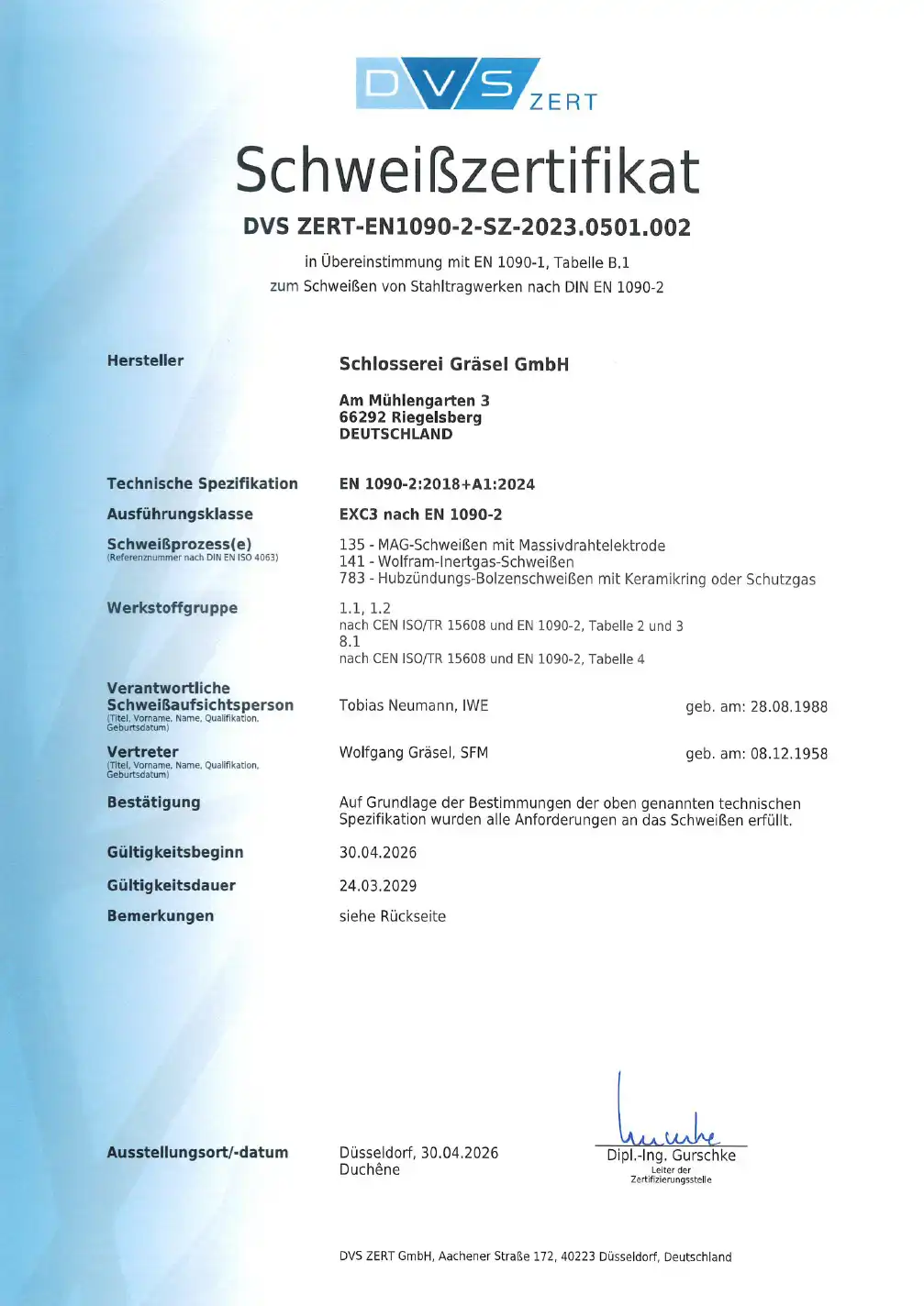 Schweißzertifikat Stahltragwerke